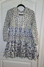 Jessica Simpson Blue White Geometric V-Neck Puff Sleeve Tiered A-Line Dress S