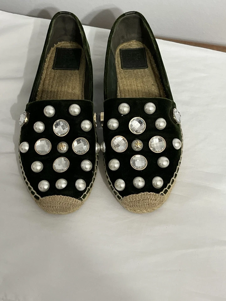 Zapatillas de terciopelo adornadas Tory Burch verdes talla 10 para mujer Foto 2 de 4