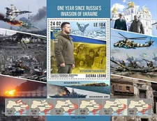 UKRAINE WAR One Year Russia Invasion Map/Zelensky Stamp Sheet 2023 Sierra Leone