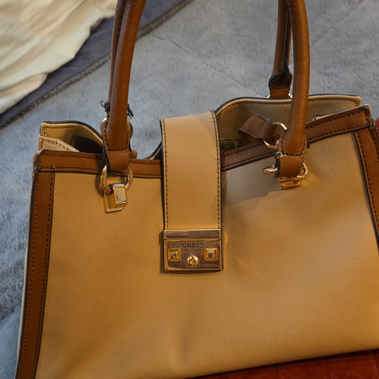 GUESS Beige Brown Satchel Top Handle Bag Gold Hardware Logo Accent Structured