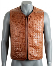 Men Crocodile Embossed Real CALF Leather Vest Zip Biker Waistcoat Premium Style
