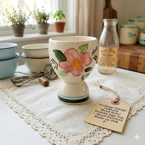 Vintage Stangl Pottery "Wild Rose" Double Egg Cup - Hand Painted Made in USA 3"