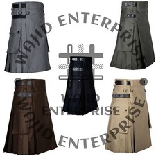 Men's UTILITY COTTON KILT Duty Kilts Two Side Cargo Pockets Kilt Size 30 to 50