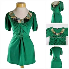 Green Beaded Tunic Dress Scoop Neck Short Sleeve Size M Boho Glam Style