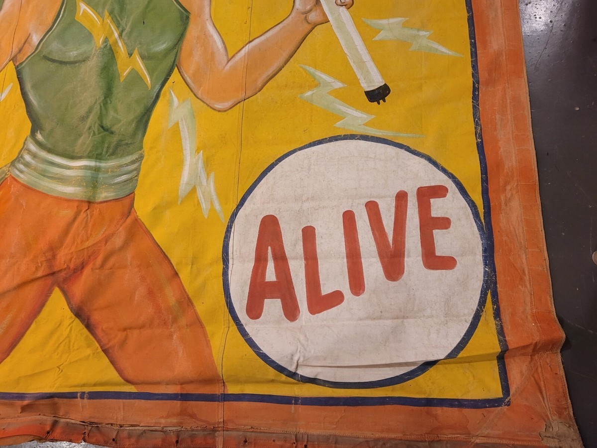 Human Dynamo 1950s Circus Sideshow Banner by J. Sigler Folk Human Dynamo 1950s Circus Sideshow Banner by J. Sigler Folk
