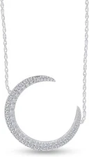 Cubic Zirconia Crescent Moon Pendant 18" Necklace 925 Sterling Silver