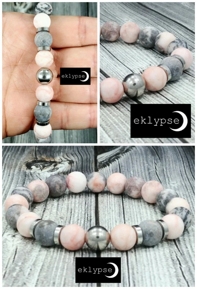 Pulsera unisex con cuentas de piedras preciosas de jaspe rosa/gris mate de 10 mm de acero inoxidable de 8" L Foto 3 de 4