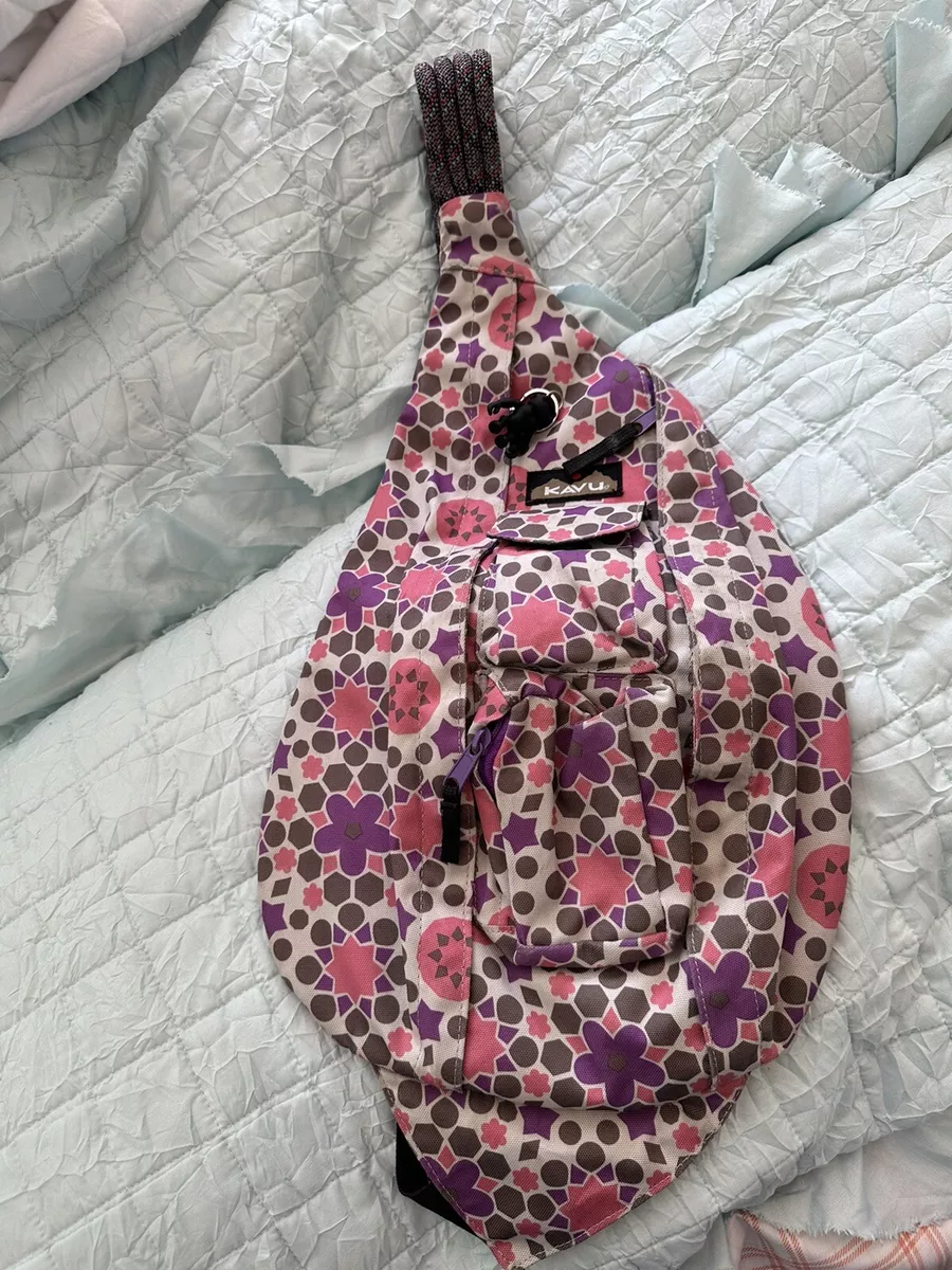 KAVU Rope Sling Bag Beige Purple Pink Geometric Stars Pattern Flowers Gorilla