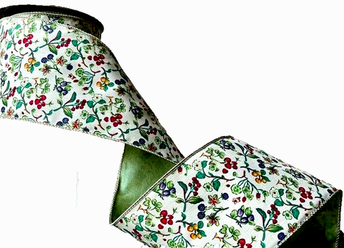 Sage Green Summer Floral 4" by 2 yd Wired Ribbon d. Stevens Double-side Berries - Picture 2 of 4