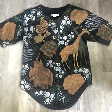 Vintage Shirt Medium Hand Painted African Safari Animals Statement Art Wear Y2K