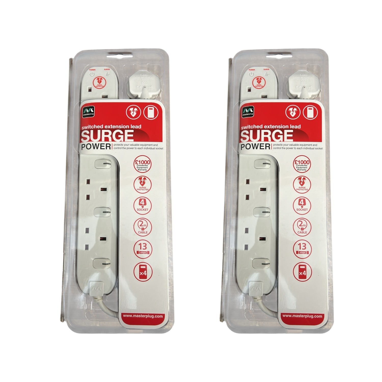 Masterplug 4 Socket Surge Protected Extension Lead Individual Switches Pack of 2