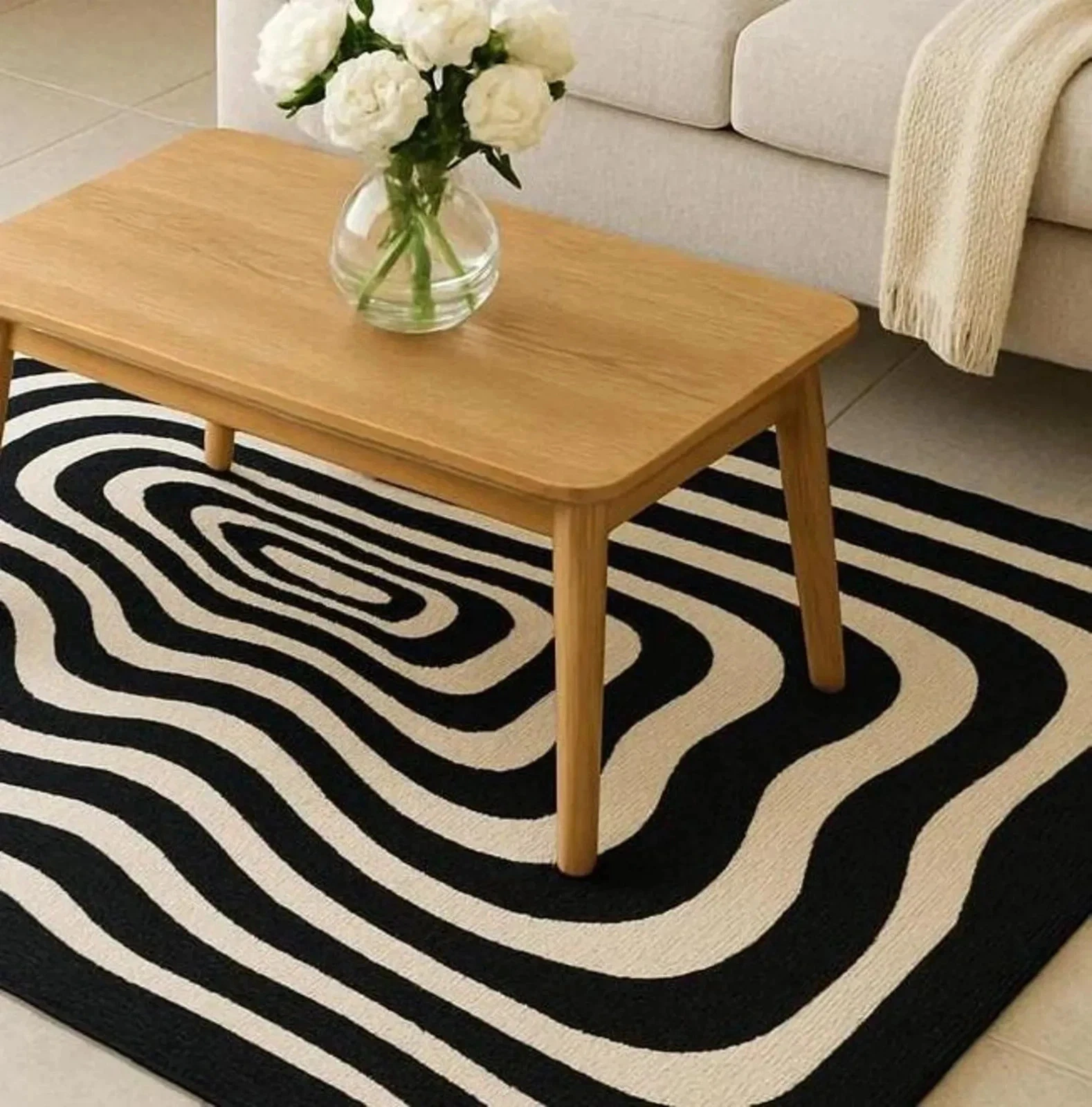 Handmade Area Rug Abstract Hand Tufted Wool Rug | Black & White Swirl Design