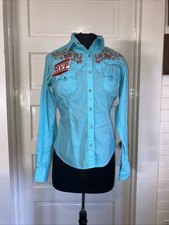 Panhandle Slim Top Shirt Embroidered Pearl Snap Western Size S Turquoise