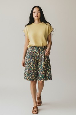 VTG Ruff Hewn Cotton Shorts High Waisted Long Bermuda Preppy Lemon Citrus 28