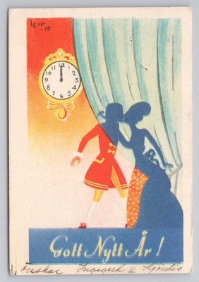 Sweden New Year Silhouette Couple Kissing Clock Art Deco 1937 Artist Signed Leif