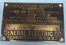 GENERAL ELECTRIC CO. INDUCTION MOTOR Brass Nameplate 1900s Vintage Made U.S.A