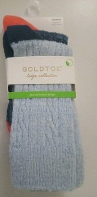 New 2 GOLDTOE Cable crew socks Lodge Collection Eco Conscious Design Blue Sz 6-9