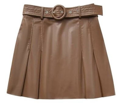 ZARA ChocoBrown Faux Leather Pleated Mini Skirt with Belt Size XL Brand New