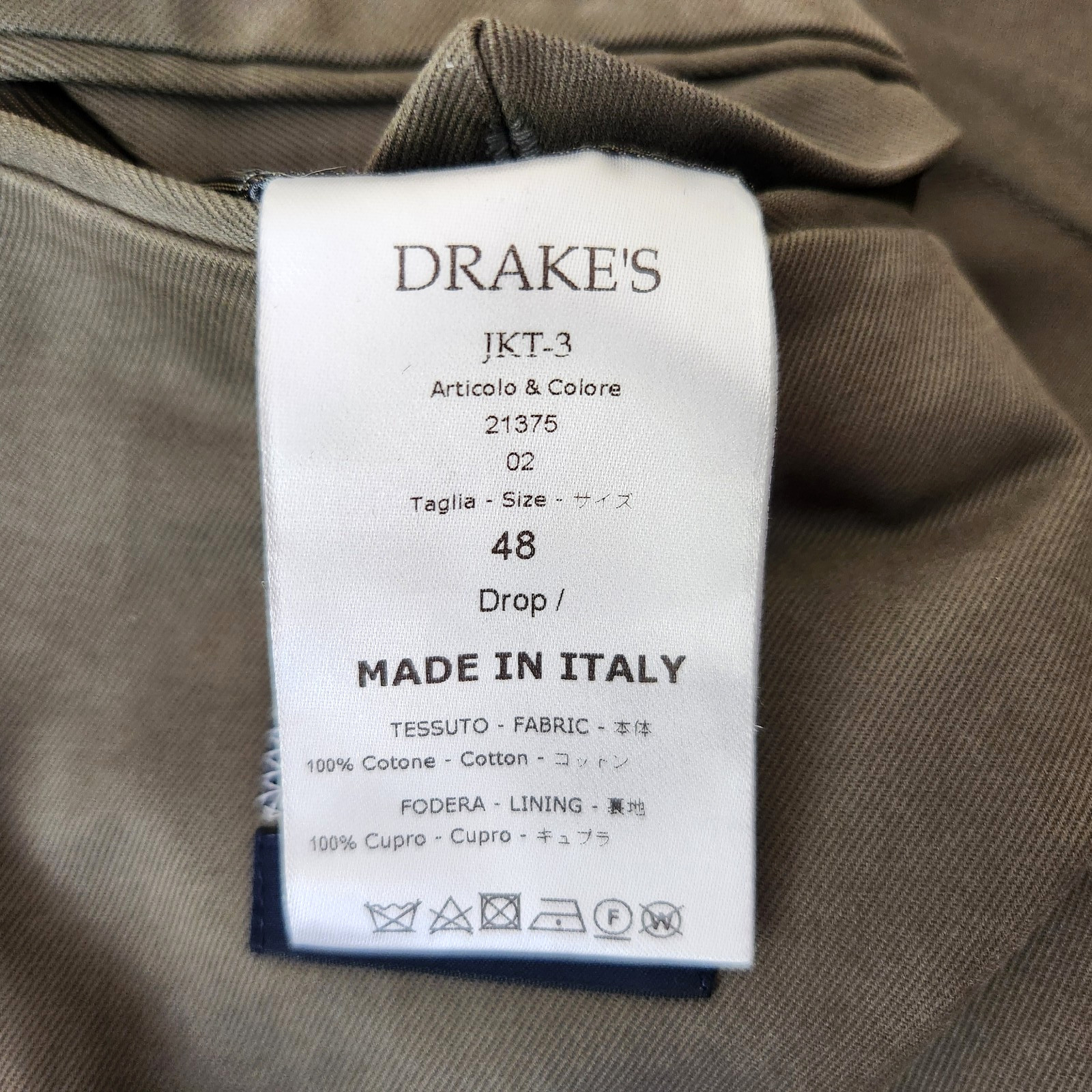 DRAKE'S Green Cotton Twill Sportcoat Jacket Blazer Sz US 38 / EU 48  Italy- NEW
