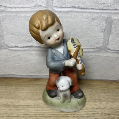 Vintage Junge spielt Geige mit Hund Hummel Goebel Stil Figur guter Zustand
