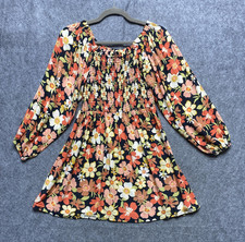 Billabong Dress Womens Large Black Floral Smocked Long Sleeve Boho Mini