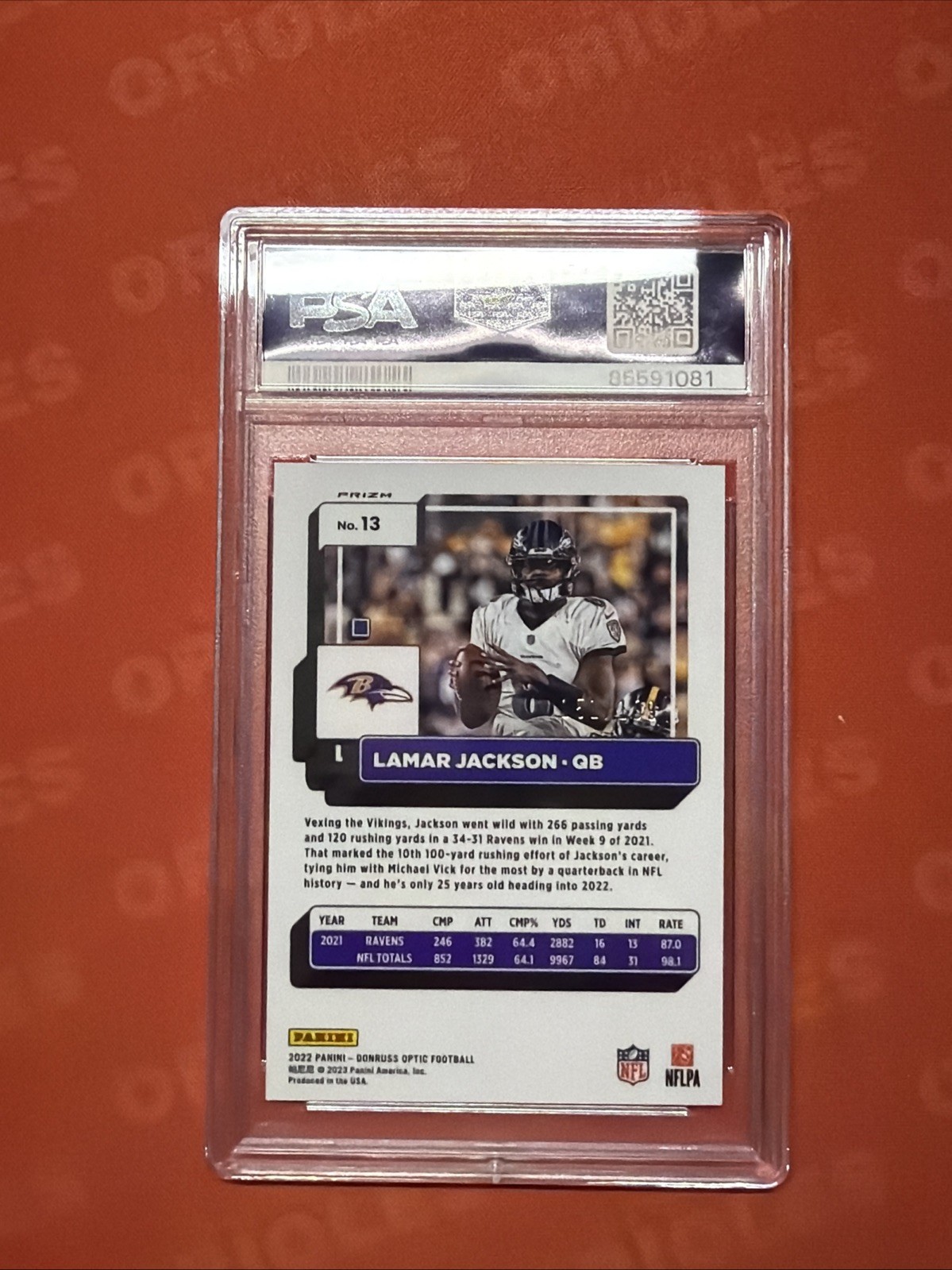 Panini 2022 Donruss Optic Lamar Jackson Ravens #13 Orange Prizm /199 PSA 10 view 2