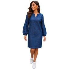 Talbots Petites Denim Shift Dress Indigo Blue Pintuck Lantern Sleeve 10P Cotton