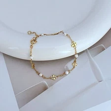 HOT Tory Burch 18K Gold TB Logo Pearl Chain Bracelet Luxury NEW 💎