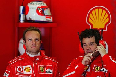 Rubens Barrichello of Brazil Ferrari in garage during first free p- Old Photo