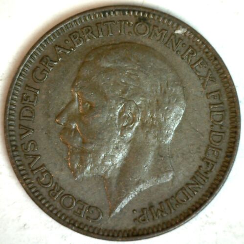 1936 Great Britain Bronze Farthing Coin Almost Uncirculated George V Ruler AU