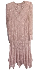 SCALA VINTAGE 80'S PALE PINK IRIDESCENT SEQUIN BEAD FLAPPER STYLE DRESS SZ SMALL