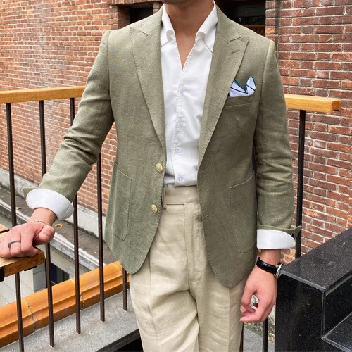 Men 100% Linen Blazer Peak Lapel Suit Jacket Coat Formal Casual Slim Top Outwear - Picture 11 of 18