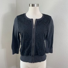 Banana Republic Womens Medium Petite Lace Zip Up Cardigan Sweater 3/4 Sleeve