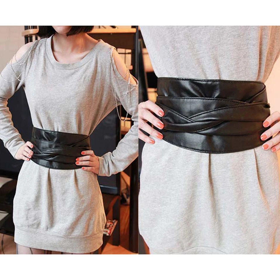 Ladies Faux Leather Waist Double Wrap Belt Cinch Corset Wide Waistband ON21001 - Image 2 of 3