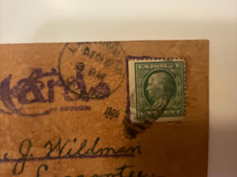 Rare 1909 Benjamin Franklin one cent stamp on on LEATHER CHRISTMAS Postcard - Image 2 of 3