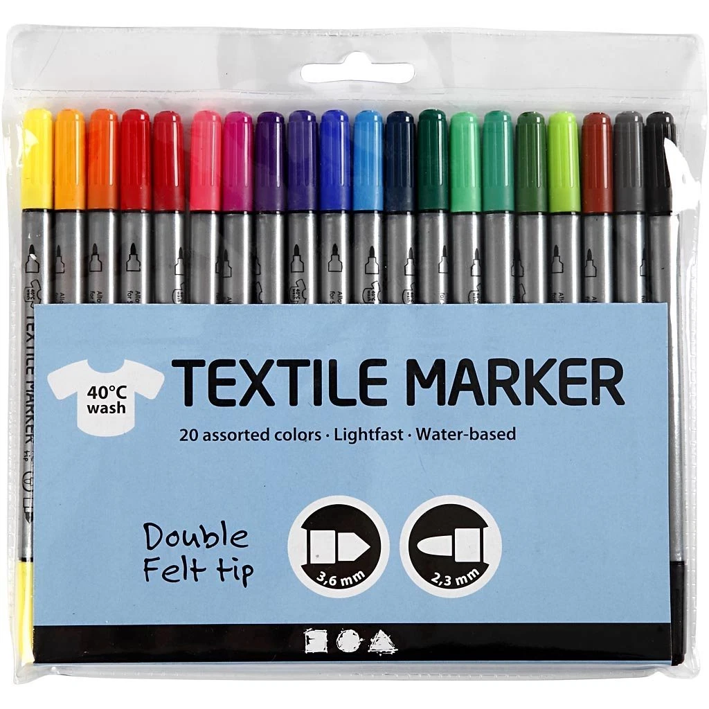 Textile Fabric Marker Pens Permanent - Double Ended Fine Med - 20 Asst.  Colours