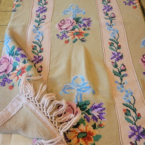 Vtg Cross Needle Point Stitch & Crochet Blanket Roses, fringe, Vibrant - Picture 1 of 6
