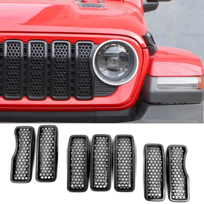 Black Front Grille Inserts Grill Net Cover Trim 7pcs For Jeep Wrangler JL 2024+