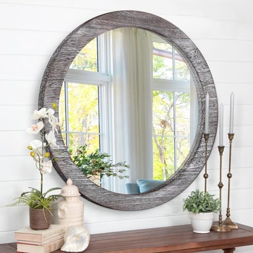 Rustic Round Mirror 16", Hanging Circle Wall 16"L x 16"W Country Brown - Picture 2 of 8