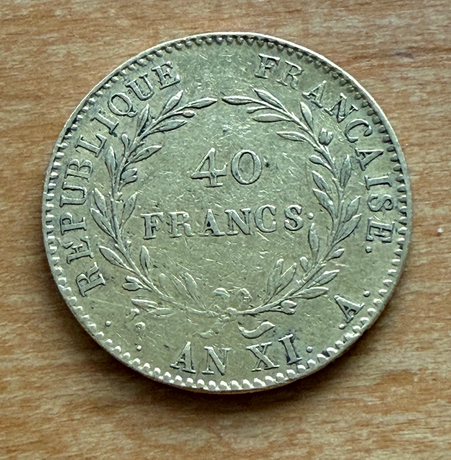 France 1803 AN XI A Gold 40 Francs Circulated Napoleon Emperor