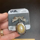VTG 1928 Locket Brooch Photo Silver Tone Ribbon Bow Faux Pearl Cabochon Oval