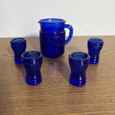 Vintage Cobalt Blue Glass Child’s Miniature Pitcher And Tumbler Set