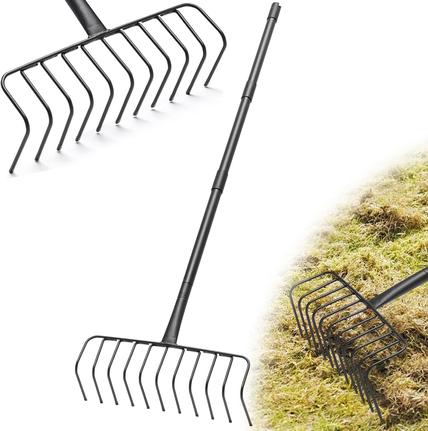 Garden Rake, Heavy Duty 11 Tines Metal Thatch Rake for Gathering Hay Dead Grass 