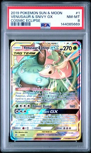 2019 POKEMON SUN & MOON COSMIC ECLIPSE #1 VENUSAUR & SNIVY GX PSA 8