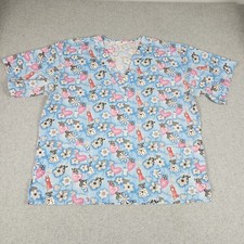 EXPO Scrub Top Womens XL Blue Heart Flower Print V-Neck Short Sleeve Medical