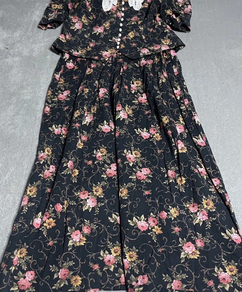 Vestido Vintage Miss Dorby Para Mujer 14 Negro Floral Botón Maxi Modesto Cuello Encaje Foto 2 de 4
