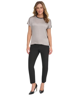 Tommy Hilfiger Women's Mixed-Materials Crewneck Top (Silver/Black, X-Large)