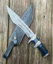 Handmade Damascus steel Bowie Knife Full Tang Wood handle With leather sheath