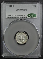 1941 S Full Split Bands Mercury Silver Dime 10C CACG AU 55 FB CAC