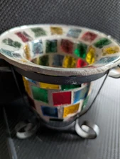 Mosaic Glass Red/Green/Blue/Yellow  Tealight Candle Holder W/Black Stand-Holiday